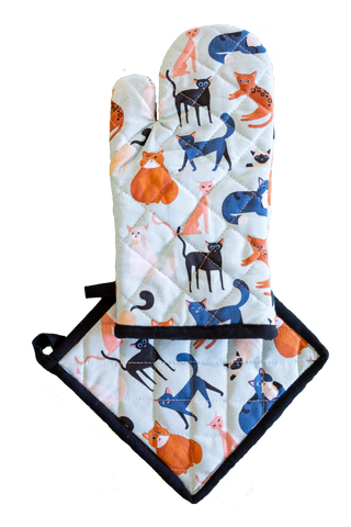 Ofenhandschuhen und Topflappen-Set, buntes Katzenmotiv