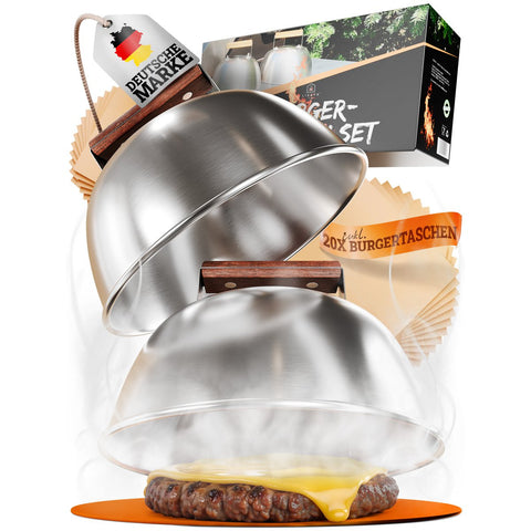 Burgerglocken-Set [3-TLG.] für Smash Burger aus Edelstahl & Akazienholz-Griffen für Plancha, Grillplatte, Gasgrill & Feuerplatte