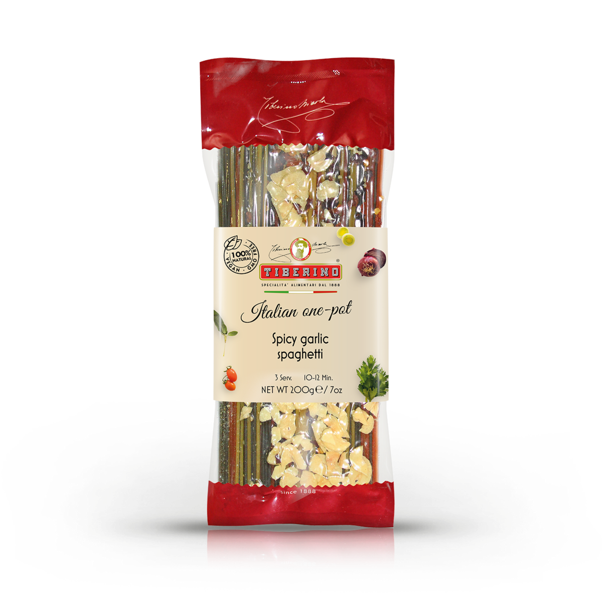 Scharfe Spaghetti mit Knoblauch, kochenfertige italienische Pasta One Pot