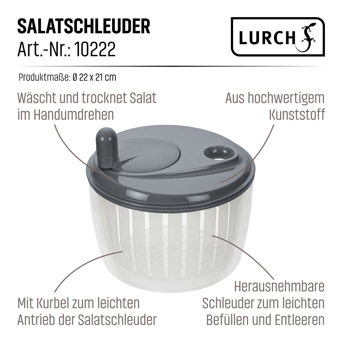 Salatschleuder mit Kurbel 23 x 23 x 17 cm steingrau