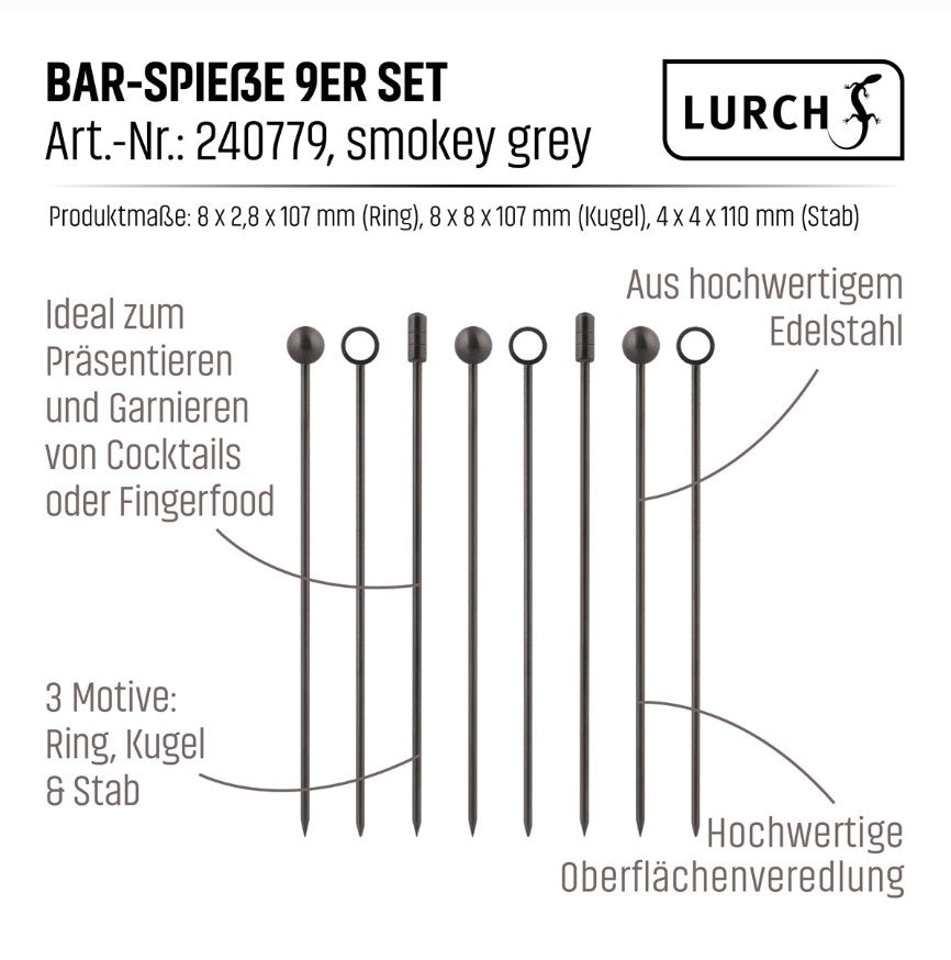 Bar-Spiesse 9er Set smokey grey je 3 Stück mit Ring-, Kugel-, Zylinder-Spitze