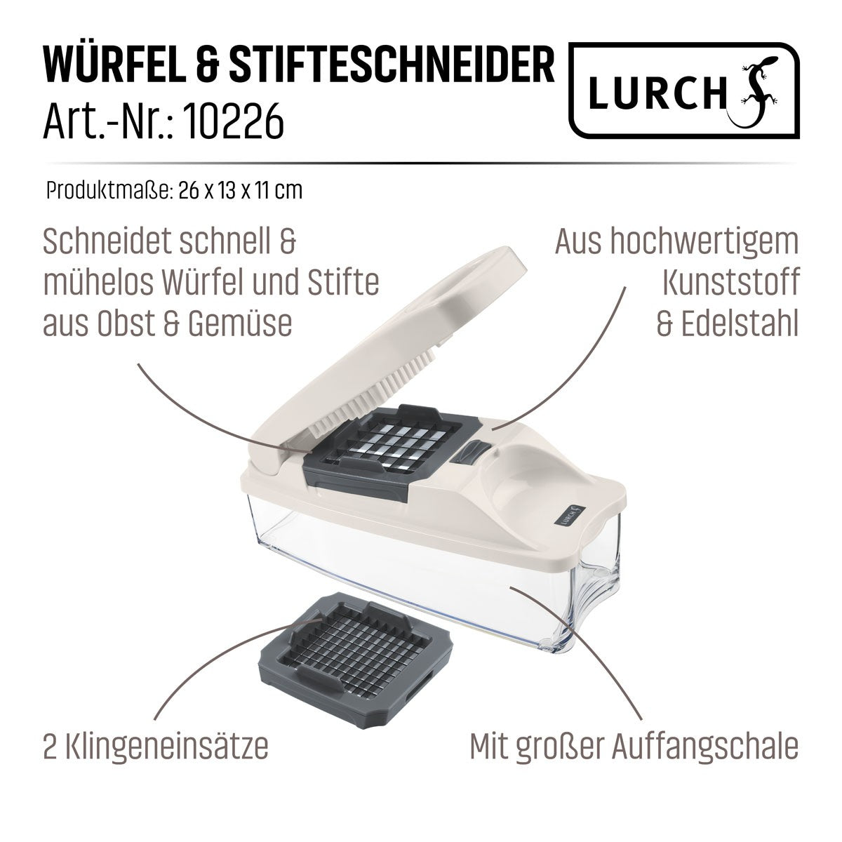 Würfel- und Stifteschneider für Obst- und Gemüse mit 2 scharfen Messereinsätzen