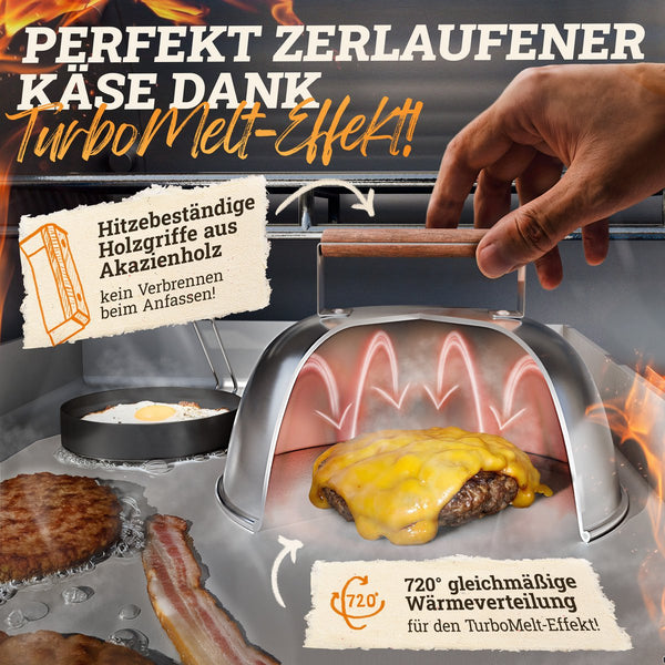 Burgerglocken-Set [3-TLG.] für Smash Burger aus Edelstahl & Akazienholz-Griffen für Plancha, Grillplatte, Gasgrill & Feuerplatte