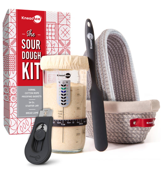 KneadAce Sauerteig-Set: 680g Glas, 2x ovale Gärkörbe aus Baumwolle, Bäckermesser