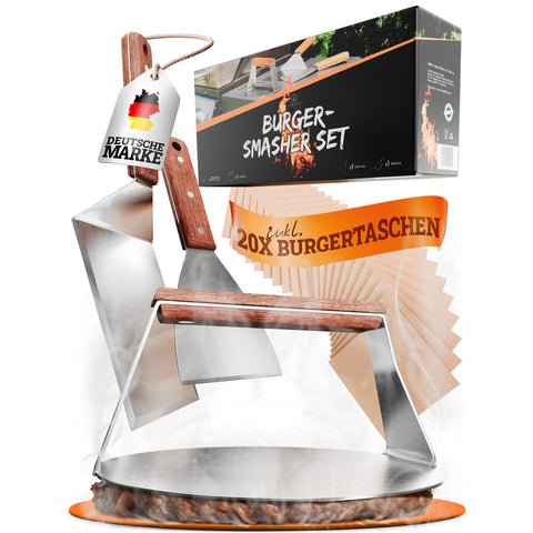 Burger Smasher & Grillspachtel Set [4-TLG.] Edelstahl mit Akazienholz-Griff für Plancha, Grillplatte, Gasgrill & Feuerplatte