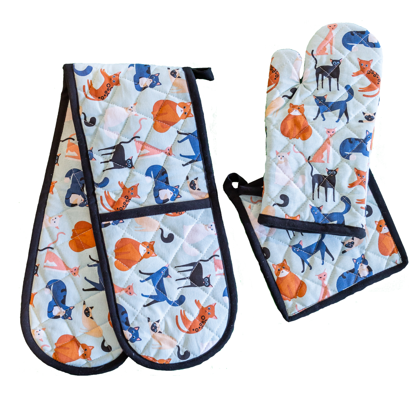 Ofenhandschuhen und Topflappen-Set, buntes Katzenmotiv
