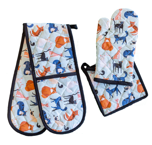 Ofenhandschuhen und Topflappen-Set, buntes Katzenmotiv