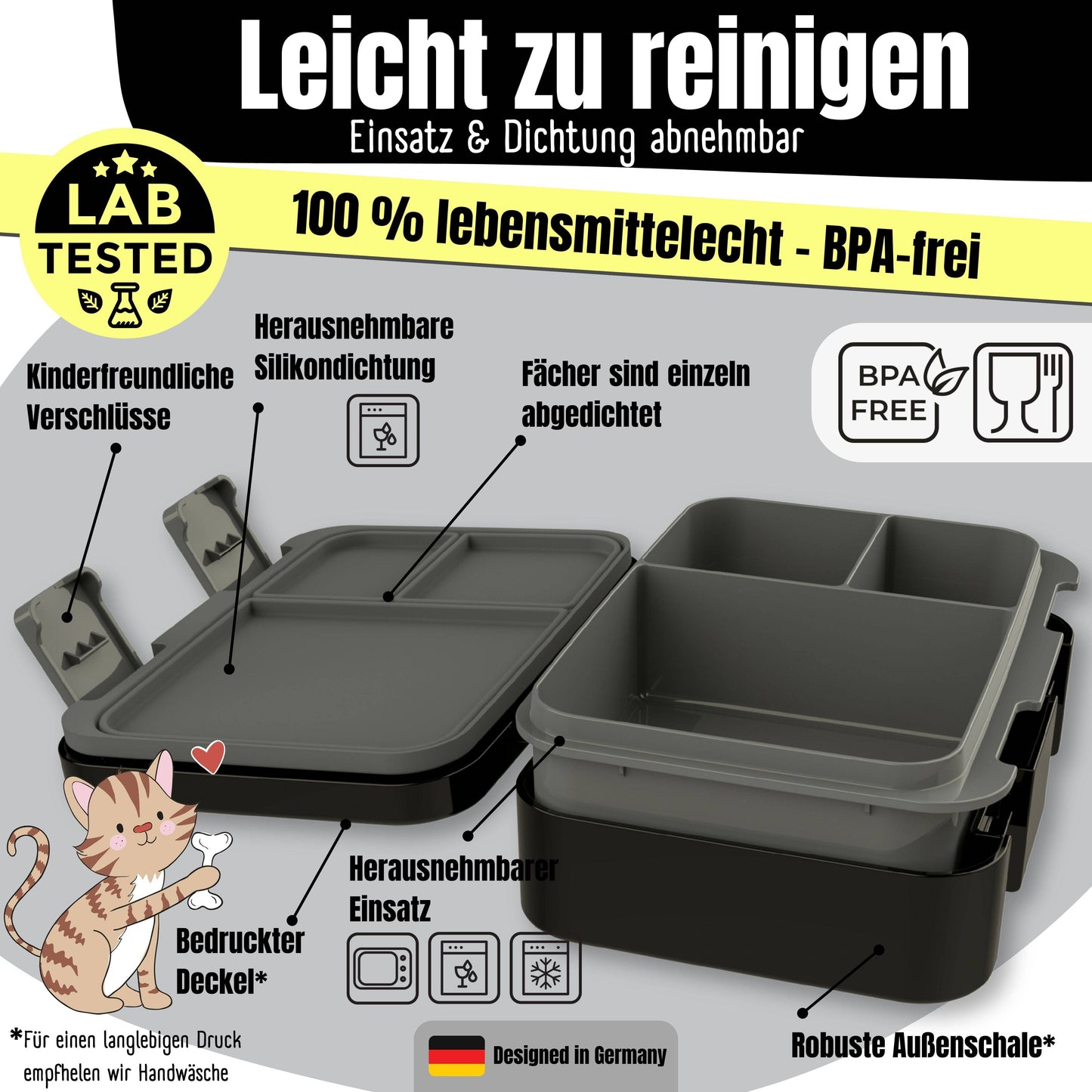 Brotdose mit Fächern, leicht & auslaufsicher - Sticker schwarz