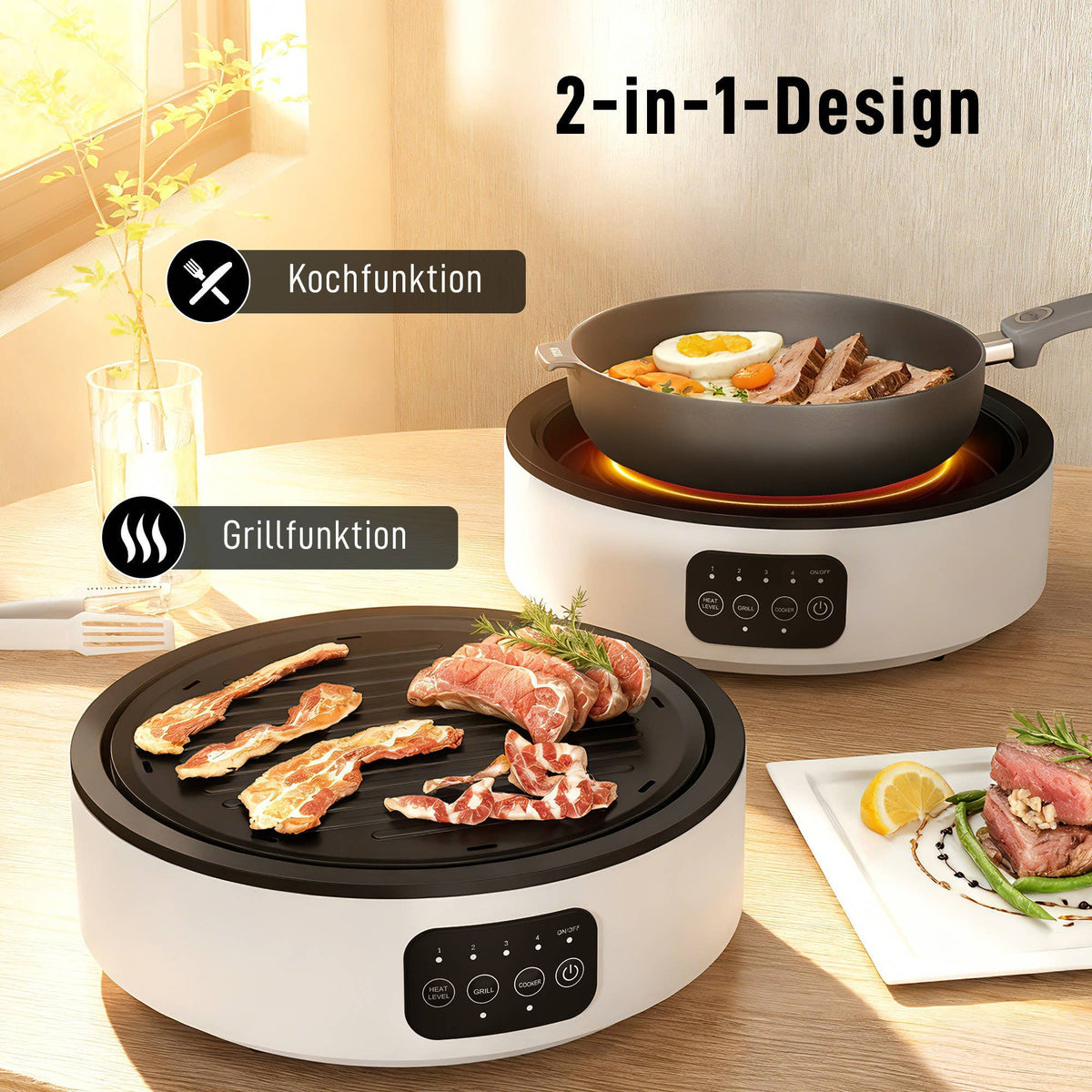 Dual-Keramikkochfeld-Tischgrill, 2-in-1 -Design, Weiß