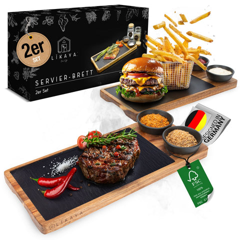 Servierbrett 'LUIS' 2er Set aus FSC® Akazien-Holz mit Schieferplatte & Saucen Schüsseln
