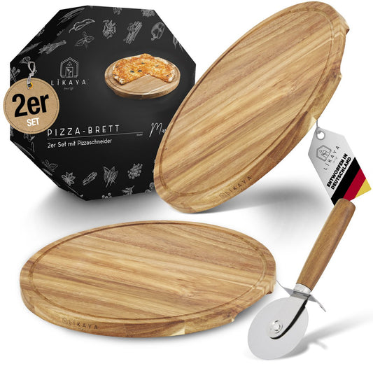Pizzabrett 'MARIO' 2er Set rund mit Pizzaschneider [⌀35cm] aus FSC®-zertifiziertem Akazien-Holz