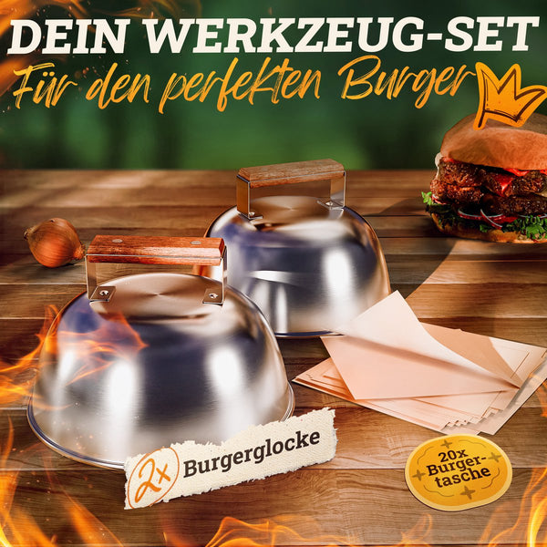 Burgerglocken-Set [3-TLG.] für Smash Burger aus Edelstahl & Akazienholz-Griffen für Plancha, Grillplatte, Gasgrill & Feuerplatte