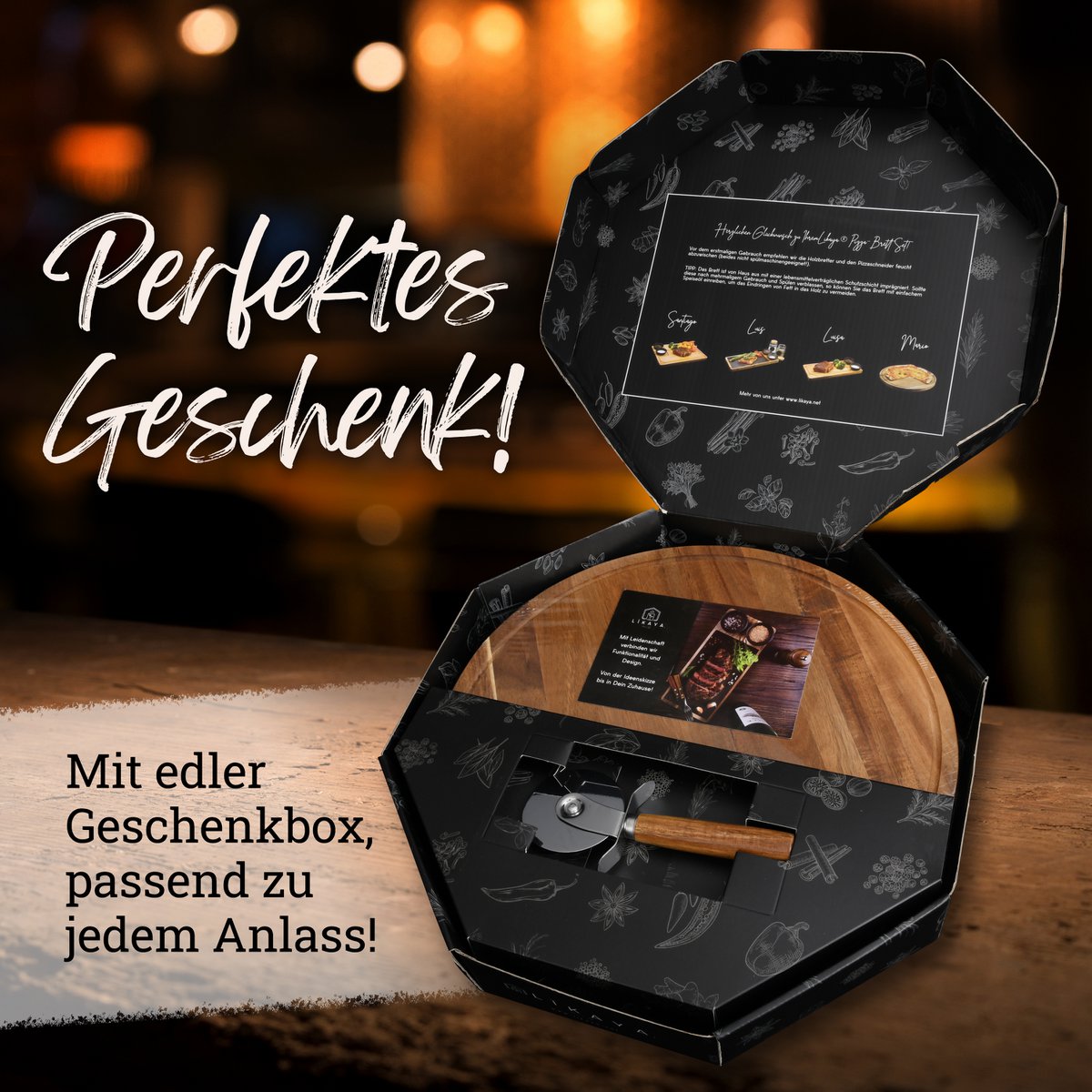 Pizzabrett 'MARIO' 2er Set rund mit Pizzaschneider [⌀35cm] aus FSC®-zertifiziertem Akazien-Holz
