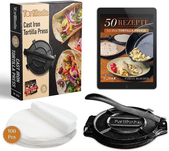 Tortillapresse 20cm aus Gusseisen + Pergament Papier 100 Stk. inkl. E-Book mit Rezepten