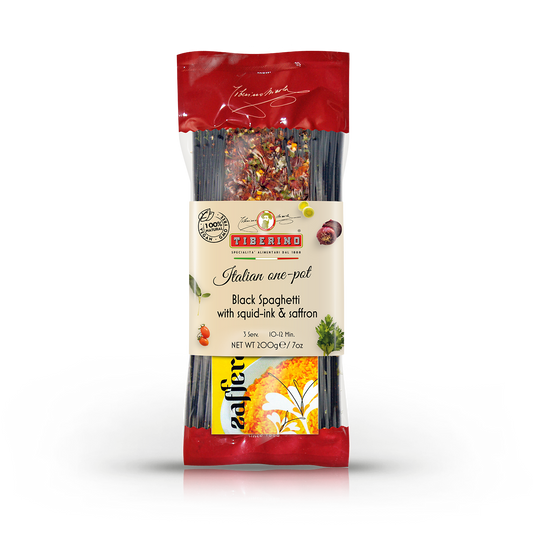 Schwarze Spaghetti mit Tintenfisch & Safran, küchenfertige italienische Pasta - One Pot